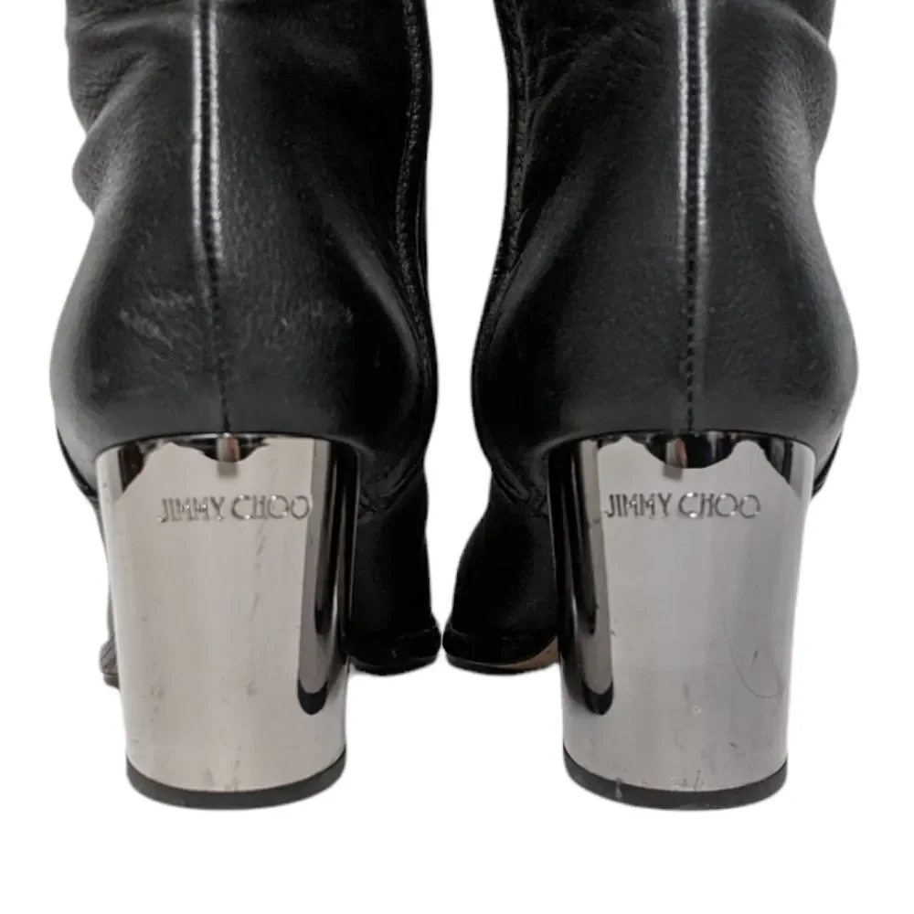 JIMMY CHOO Mercer Over the Knee OTK Leather Silver Block Heel Boots 39.5